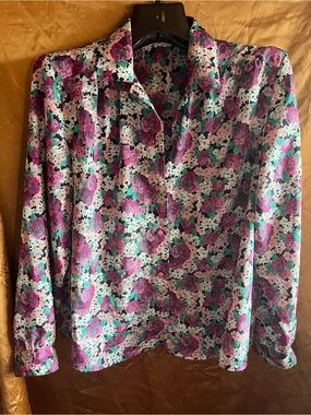 Vintage Pink Floral 80s Poly Blouse XL XXL